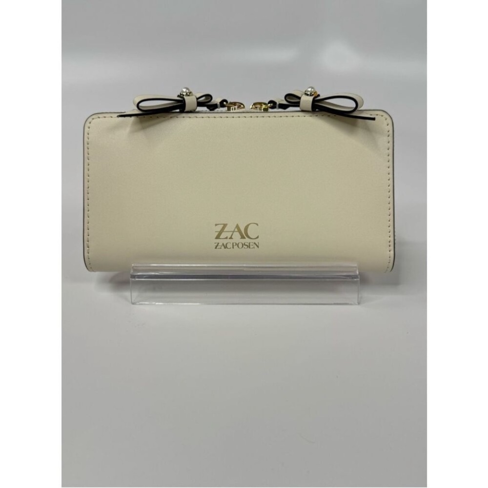 ZAC POSEN Eartha Mini Pearl Bow Zipper Leather Continental Long Wallet Cream NWT